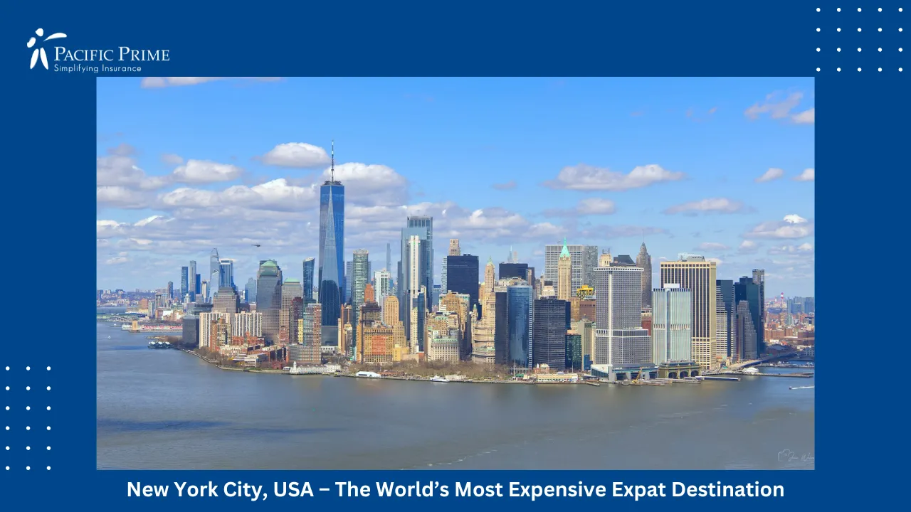 Image of Lower Manhattan Skyline With Dense High-rise Buildings with text overlay of "New York City, USA &ndash; The World&rsquo;s Most Expensive Expat Destination"