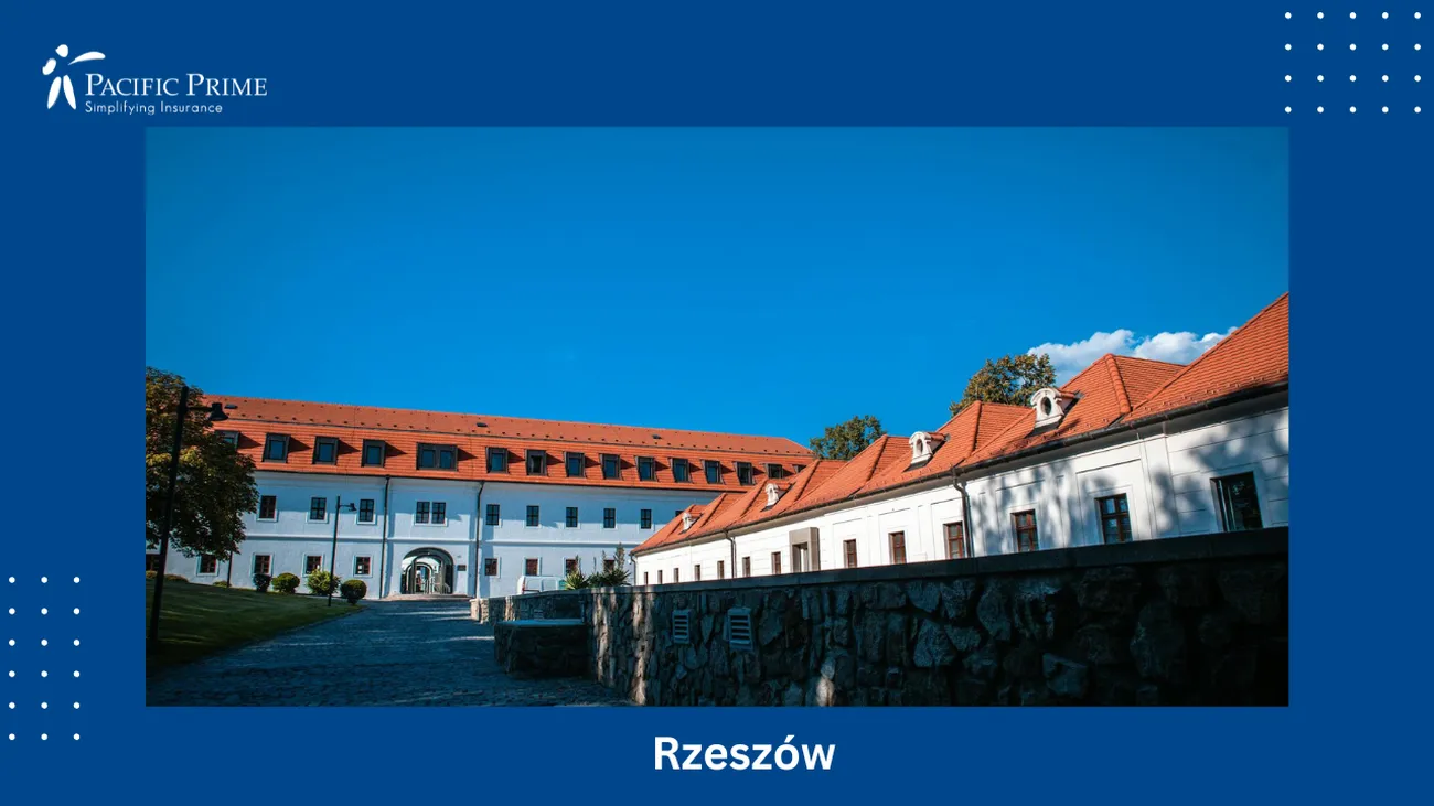 Image of Lubomirski Palace Beneath A Blue, Cloudy Sky In Rzeszów, Poland with text overlay of "Rzeszów"