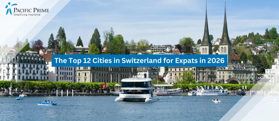 Image of Lucerne Cityscape Featuring Chapel Bridge And Waterfront In Switzerland with text overlay of "The Top 12 Cities in Switzerland for Expats in 2026"