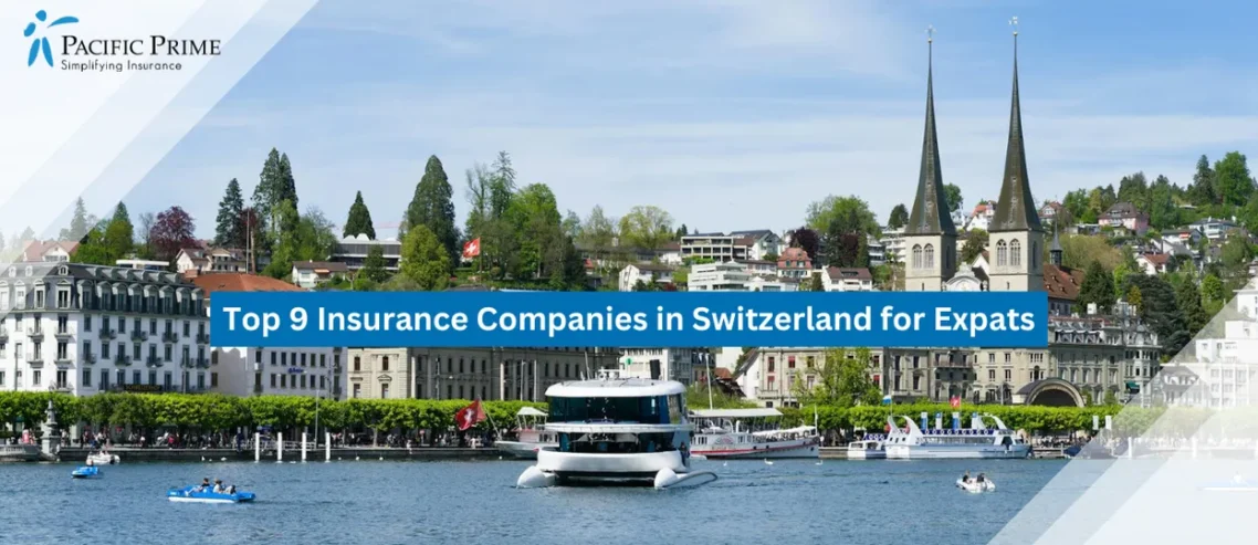 Image of Lucerne Skyline With Chapel Bridge Over Reuss River And Historic Buildings with text overlay of "Top 9 Insurance Companies in Switzerland for Expats"