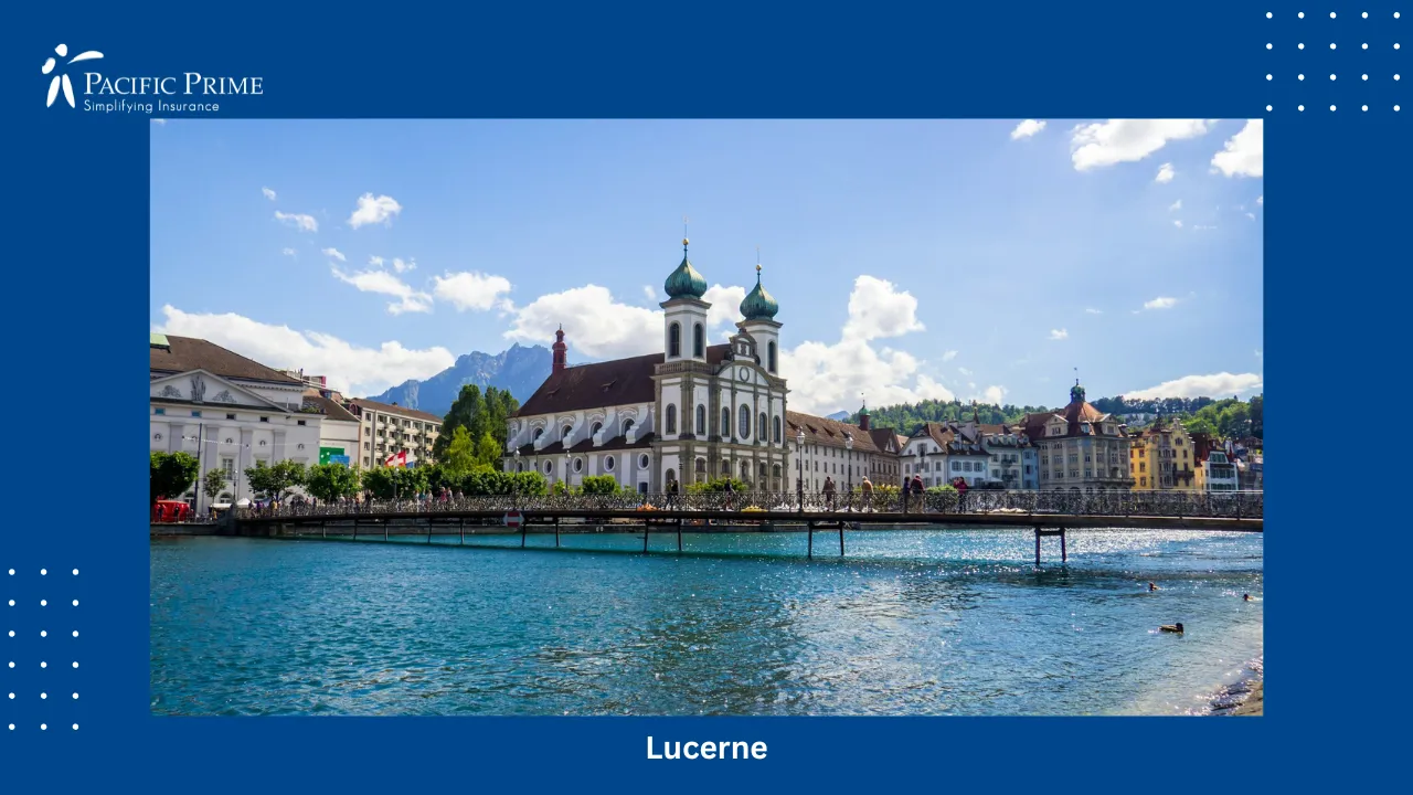 Image of Lucerne Waterfront With Historic Buildings Under A Clear Blue Sky with text overlay of "Lucerne"
