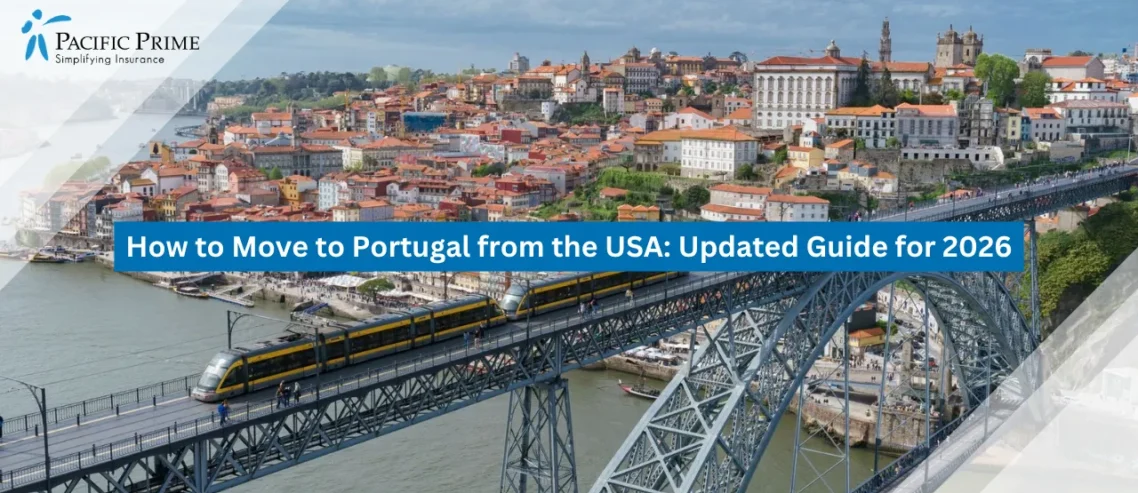 Image of Luís I Bridge Crossing The Douro River In Porto, Seen From Above with text overlay of "How to Move to Portugal from the USA: Updated Guide for 2026"