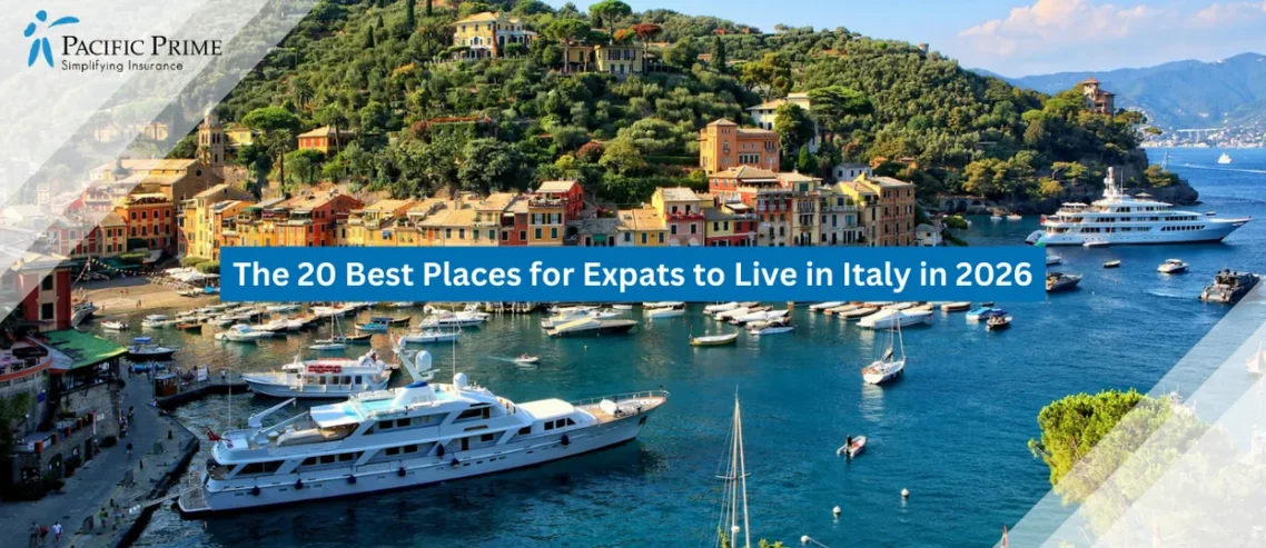 Image of Luxury Yachts Along Portofino Harbor With Colorful Hillside Buildings In Daylight with text overlay of "The 20 Best Places for Expats to Live in Italy in 2026"