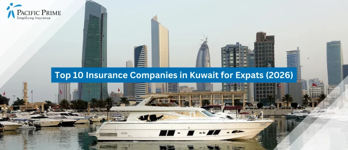 Image of Luxury Yachts Anchored Along Kuwait City Waterfront With Skyline In The Background with text overlay of "Top 10 Insurance Companies in Kuwait for Expats (2026)"