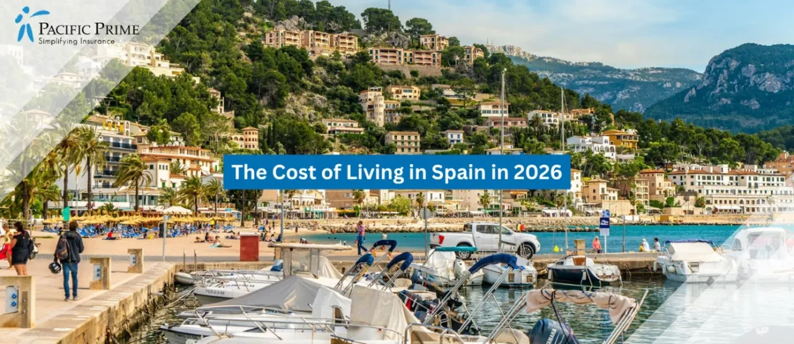 Image of Luxury Yachts Anchored In Portals Nous Marina With Hillside Views, Mallorca with text overlay of "The Cost of Living in Spain in 2026"