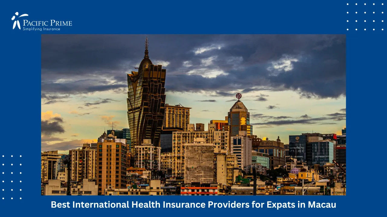 Image of Macau Skyline With Tall Buildings Under A Cloudy Sky with text overlay of "Best International Health Insurance Providers for Expats in Macau"