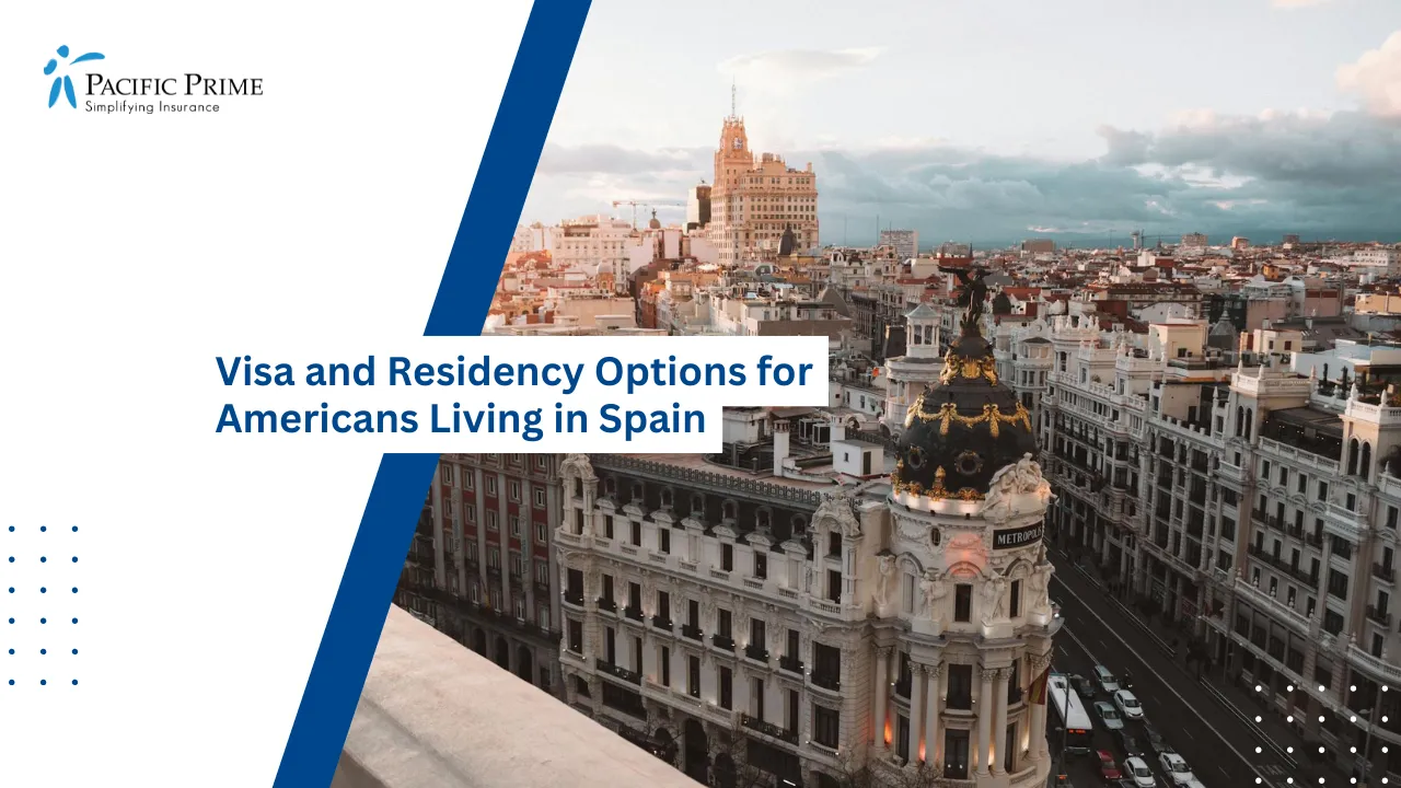 Image of Madrid Cityscape At Dawn With Soft Morning Light with text overlay of "Visa and Residency Options for Americans Living in Spain"