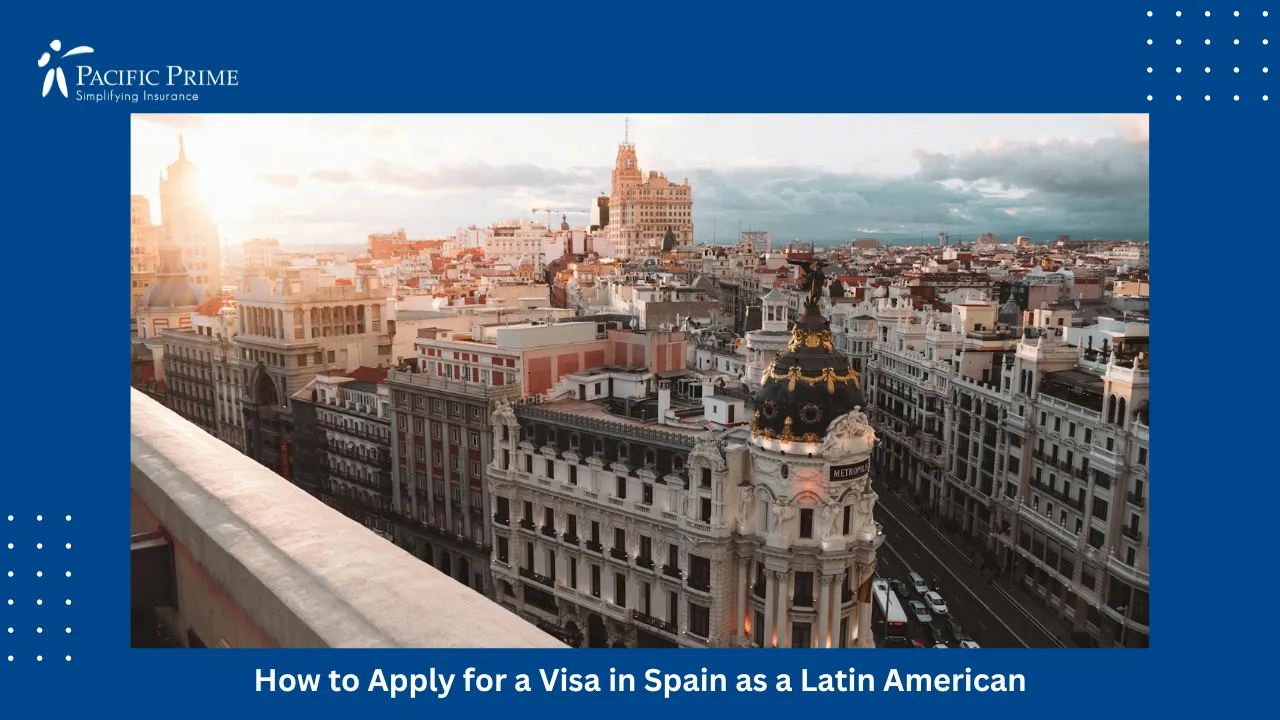 Image of Madrid Skyline At Sunset With The Iconic Metropolis Building In View with text overlay of "How to Apply for a Visa in Spain as a Latin American"