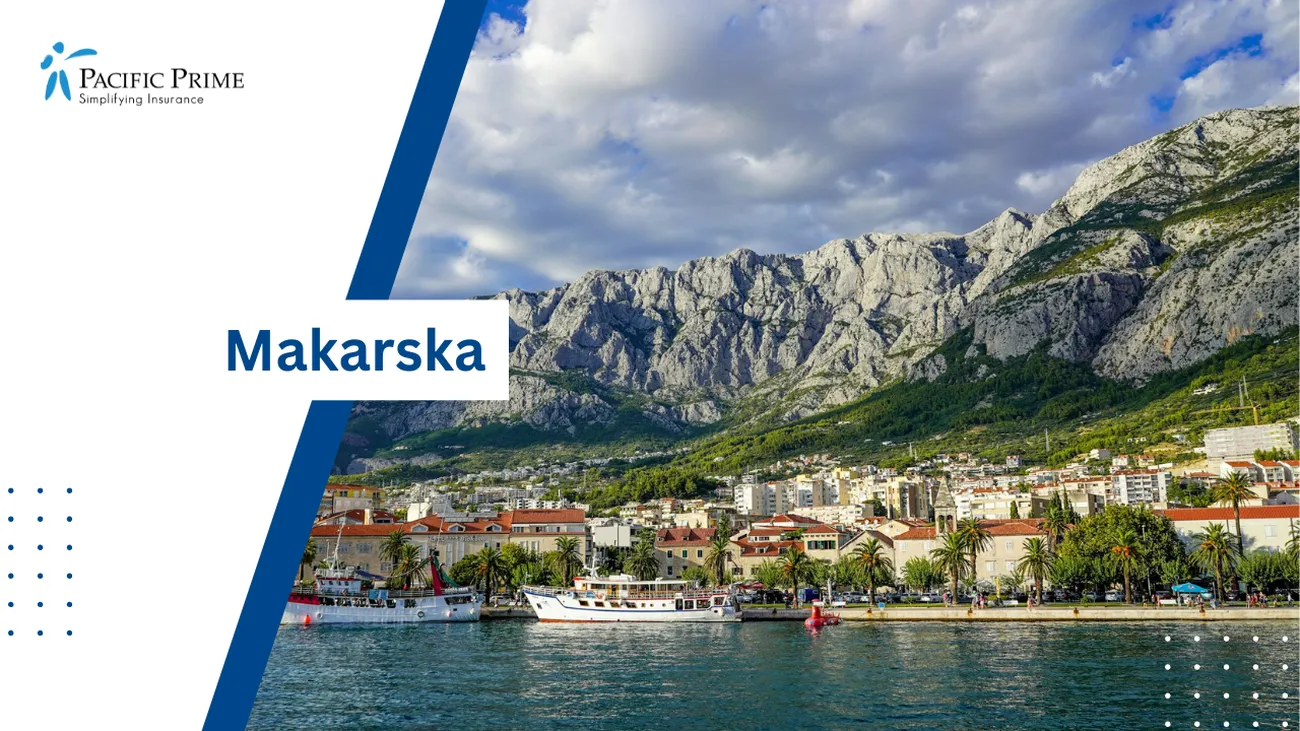 Image of Makarska Building By Water Under Blue Sky And White Clouds, Croatia with text overlay of "Makarska"