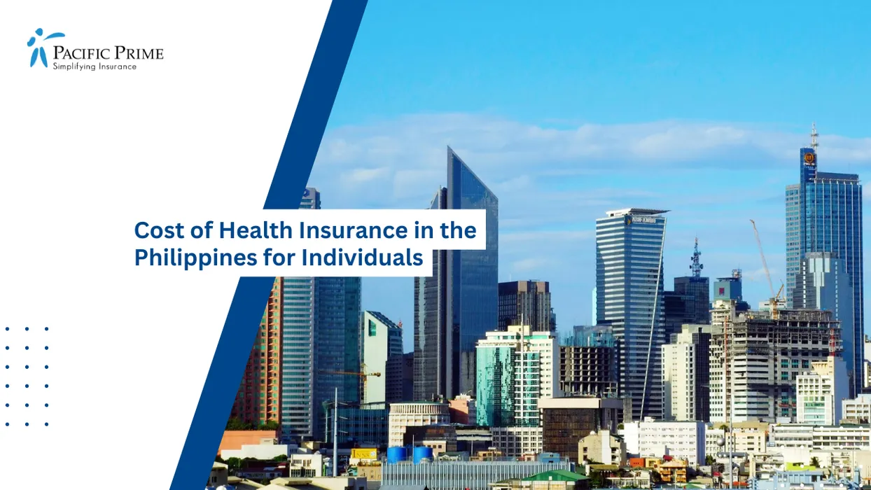 Image of Makati City Skyline Featuring Modern High-rise Buildings In Metro Manila with text overlay of "Cost of Health Insurance in the Philippines for Individuals"