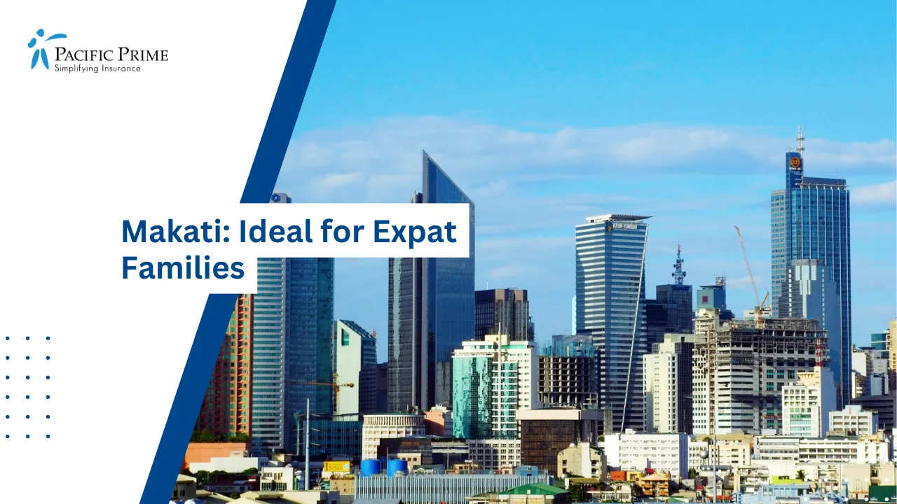 Image of Makati City Skyline In The Philippines With Modern Towers Under Clear Skies with text overlay of "Makati: Ideal for Expat Families"