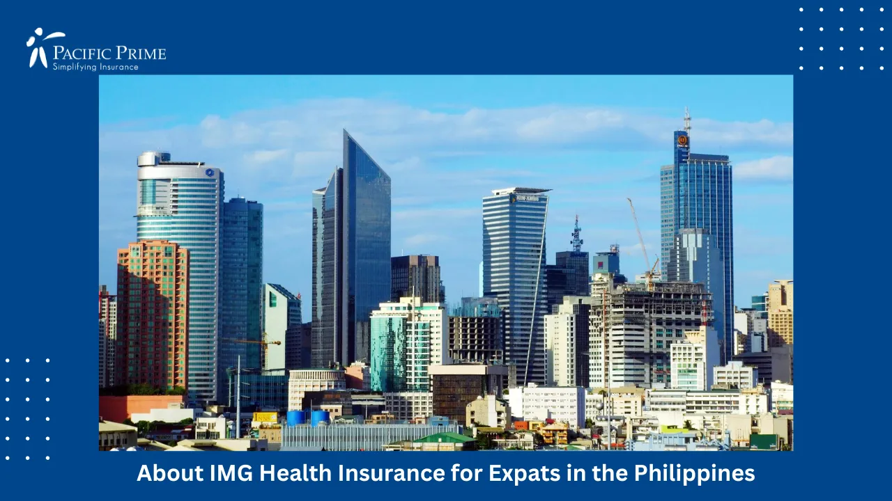 Image of Makati City Skyline With High-rise Buildings Under A Clear Sky with text overlay of "About IMG Health Insurance for Expats in the Philippines"