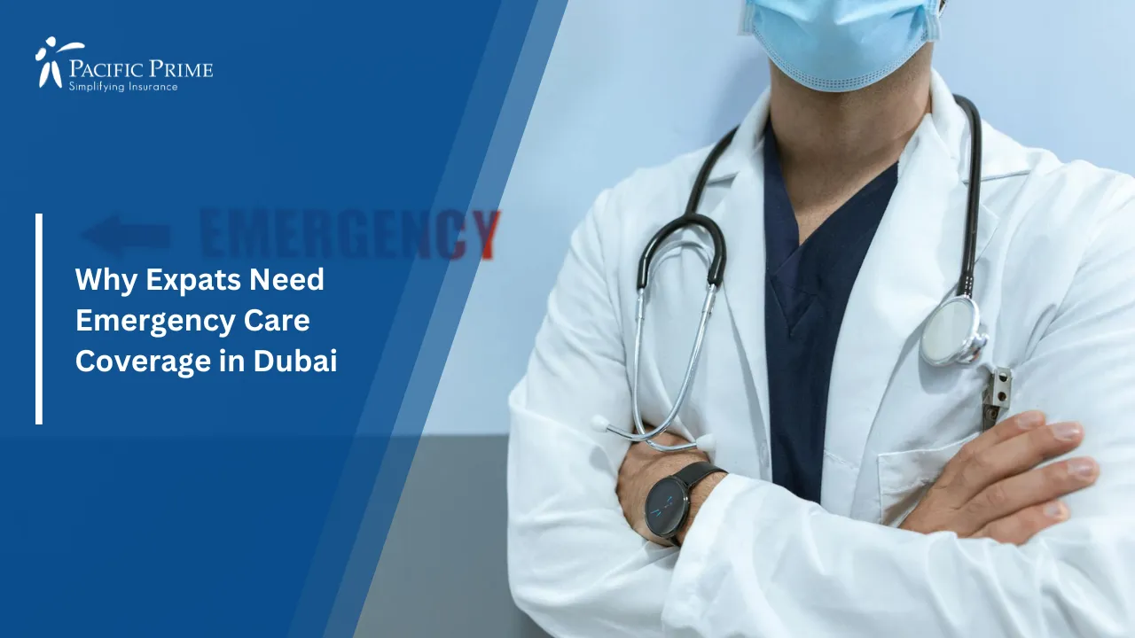 Image of Male Doctor With Stethoscope And Mask Standing Confidently In Emergency Room with text overlay of "Why Expats Need Emergency Care Coverage in Dubai"