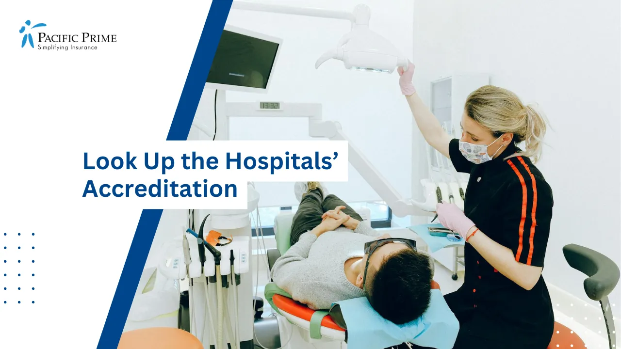 Image of Male Patient Receiving Dental Examination with text overlay of "Look Up the Hospitals’ Accreditation"