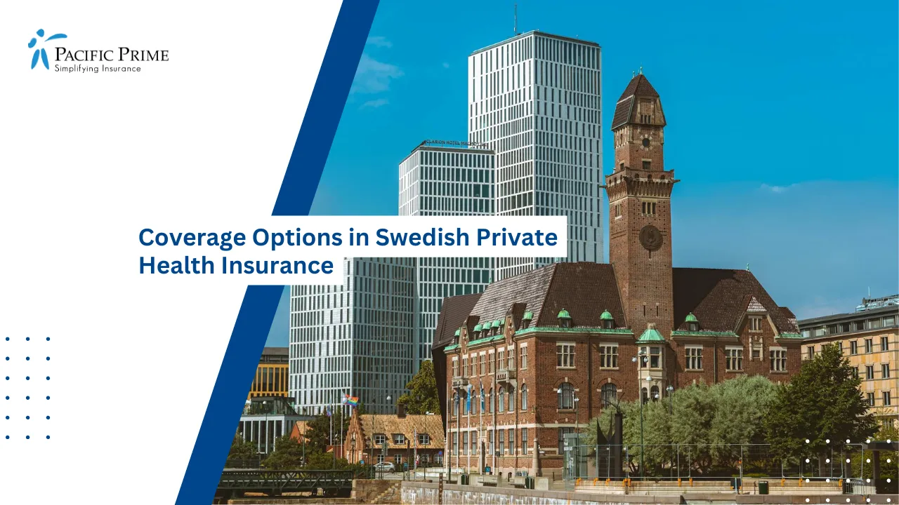 Image of Malm&ouml; Skyline Blending Modern Architecture With Historic Brick Buildings with text overlay of "Coverage Options in Swedish Private Health Insurance"