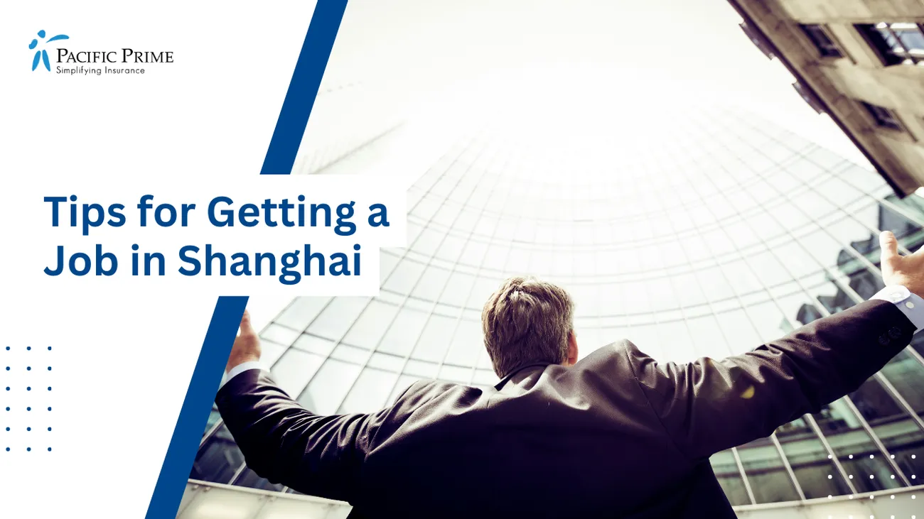 Image of Man Admiring Office Building After Securing A Job with text overlay of "Tips for Getting a Job in Shanghai"