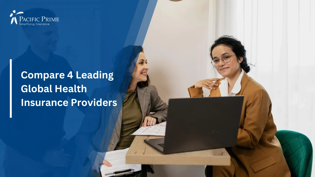 Image of Man And Woman Meeting With An Insurance Consultant At A Table with text overlay of "Compare 4 Leading Global Health Insurance Providers"