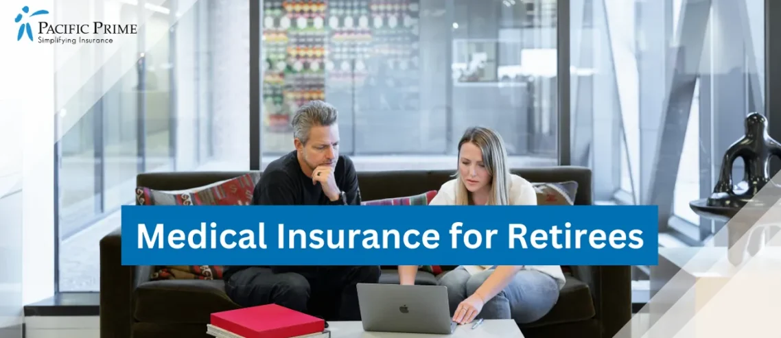 Image of Man And Woman On Couch With MaCbook In Office Meeting with text overlay of "Medical Insurance for Retirees"