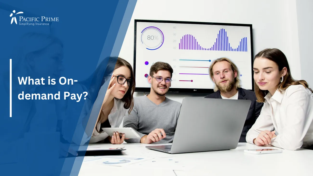 Image of Man And Woman Working Together At A Table With A Macbook with text overlay of "What is On-demand Pay?"