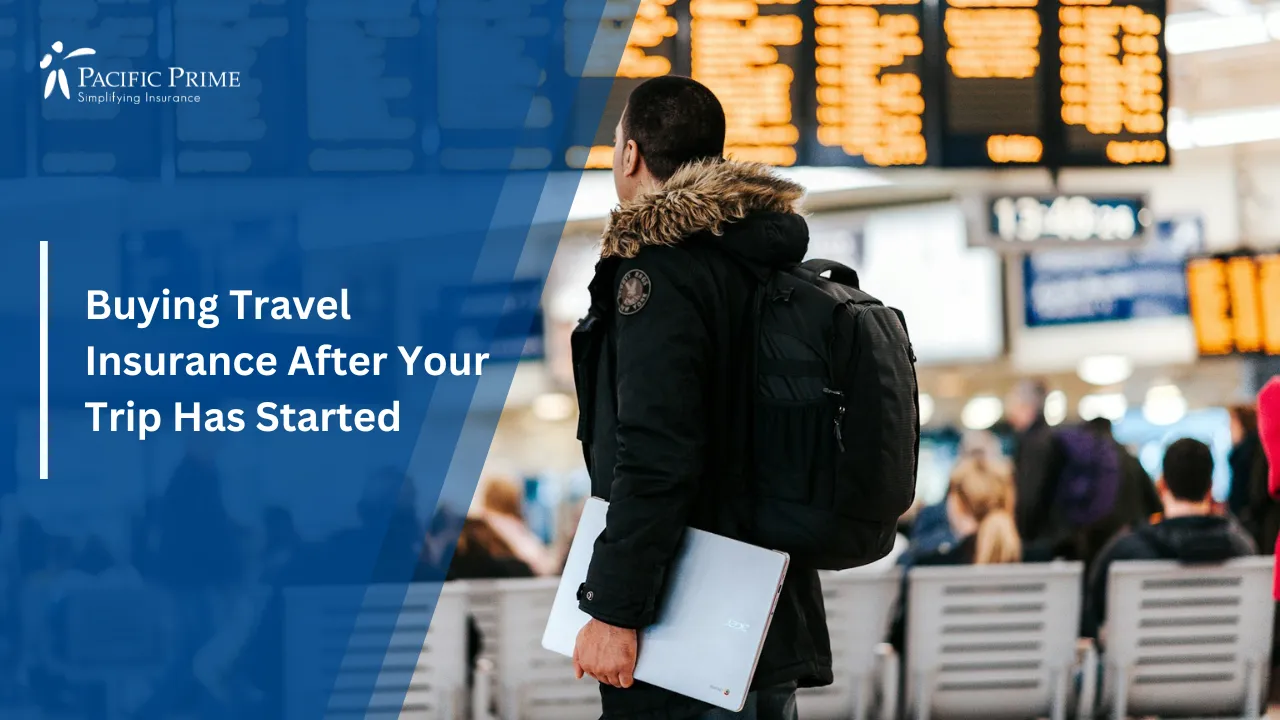 Image of Man Checking Flight Schedule Board Inside Airport Terminal with text overlay of "Buying Travel Insurance After Your Trip Has Started"