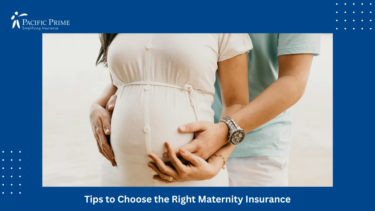 Image of Man Embracing Pregnant Partner’s Belly While Standing By The Seashore with text overlay of "Tips to Choose the Right Maternity Insurance"