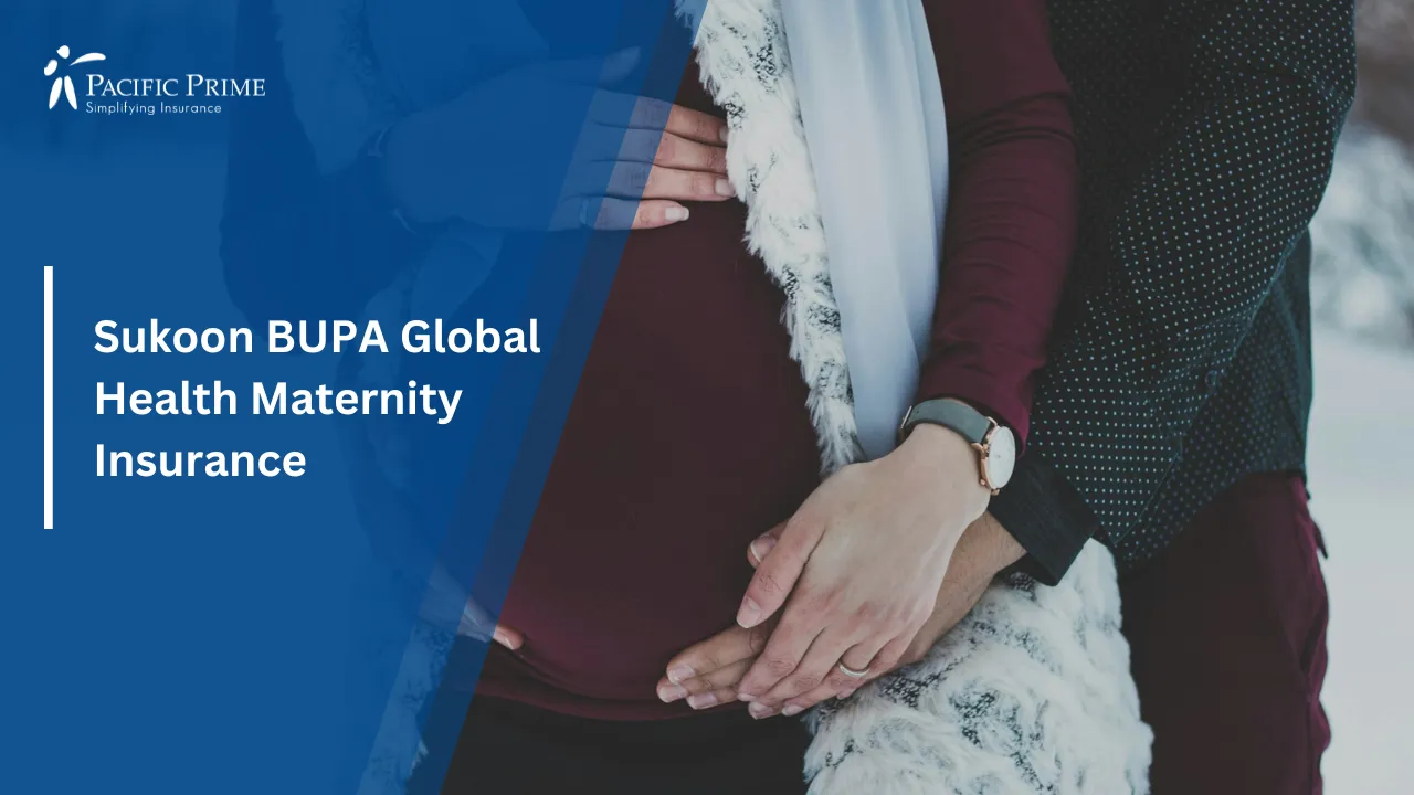 Image of Man Embracing Pregnant Woman From Behind with text overlay of "Sukoon BUPA Global Health Maternity Insurance"