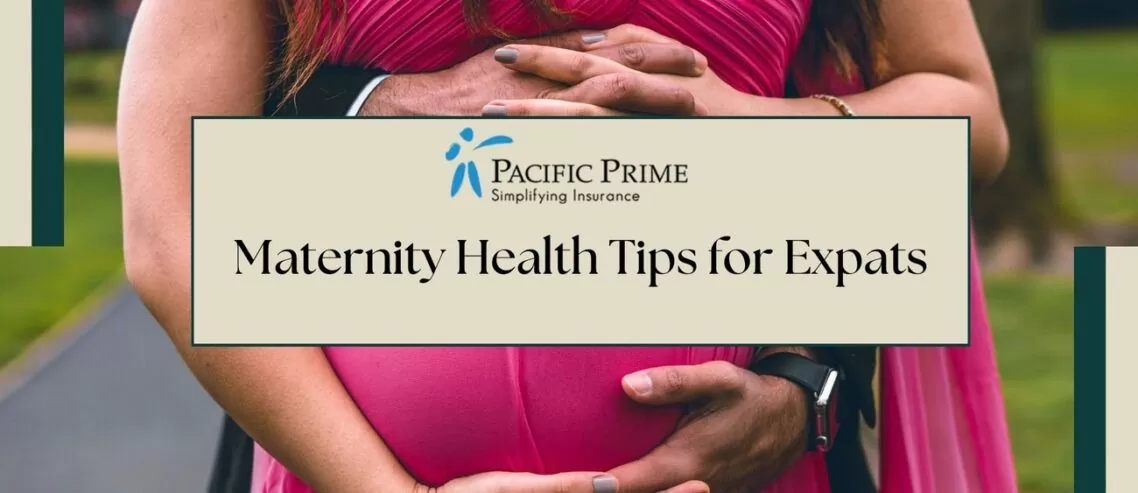 Image of a Man Embracing Woman In Pink Dress with text overlay of "Maternity Health Tips for Expats"