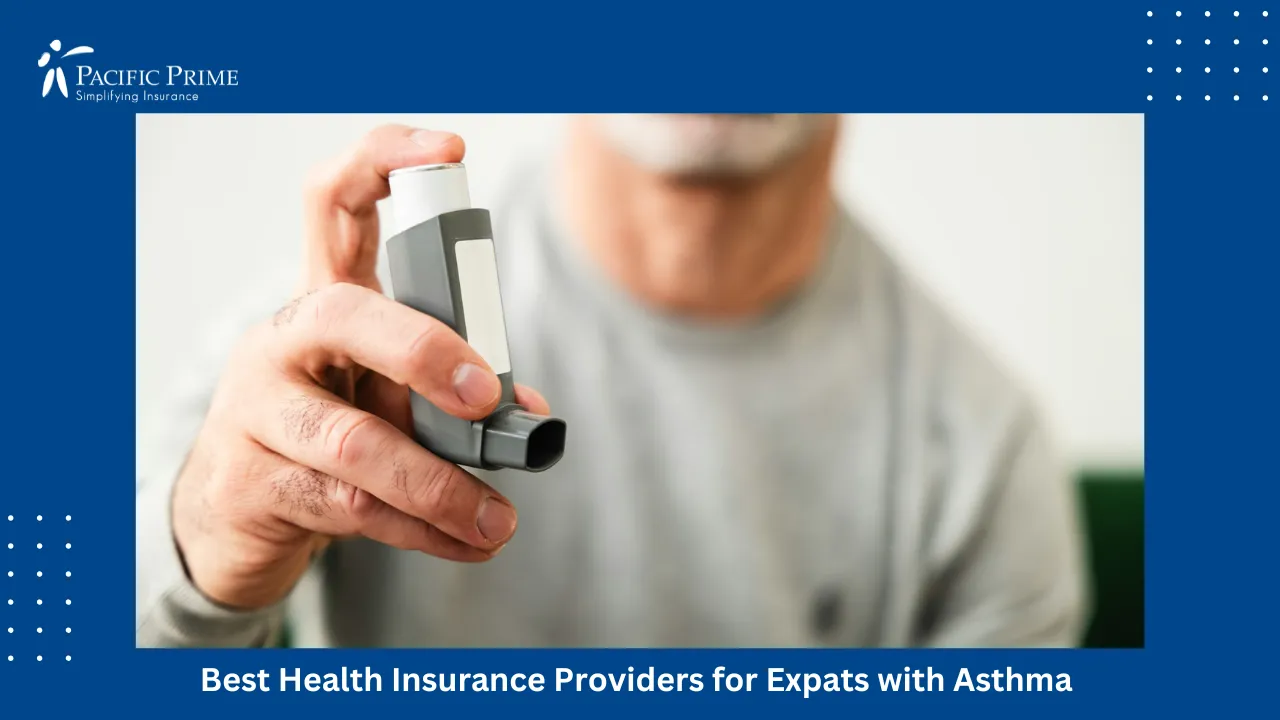 Image of Man Holding An Asthma Inhaler In His Hand with text overlay of "Best Health Insurance Providers for Expats with Asthma"