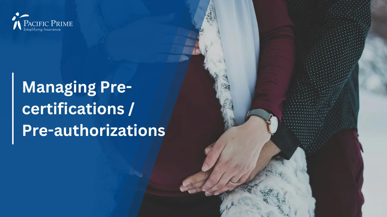 Image of Man Hugging A Pregnant Woman's Back with text overlay of "Managing Pre-certifications / Pre-authorizations"