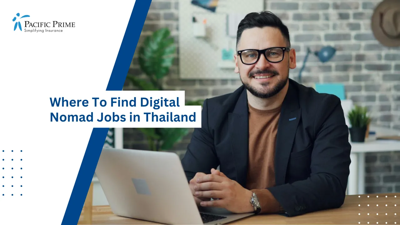 Image of Man In Eyeglasses Working On A Laptop At A Desk with text overlay of "Where To Find Digital Nomad Jobs in Thailand"