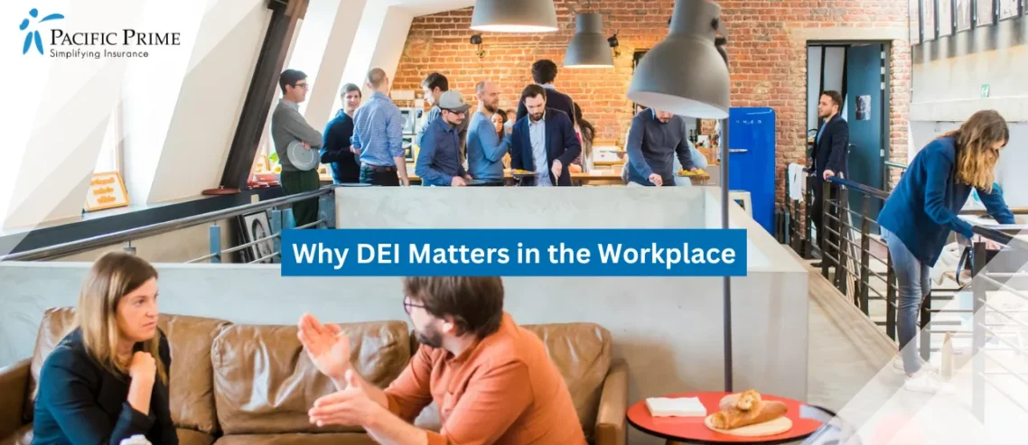 Image of Man In Orange Shirt Speaking With Woman On Brown Sofa In Office Setting with text overlay of "Why DEI Matters in the Workplace"