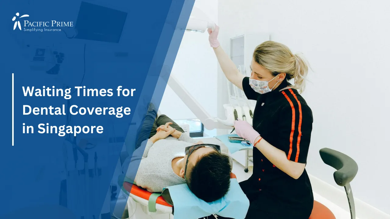 Image of Man Receiving Dental Examination In Clinic Chair with text overlay of "Waiting Times for Dental Coverage in Singapore"