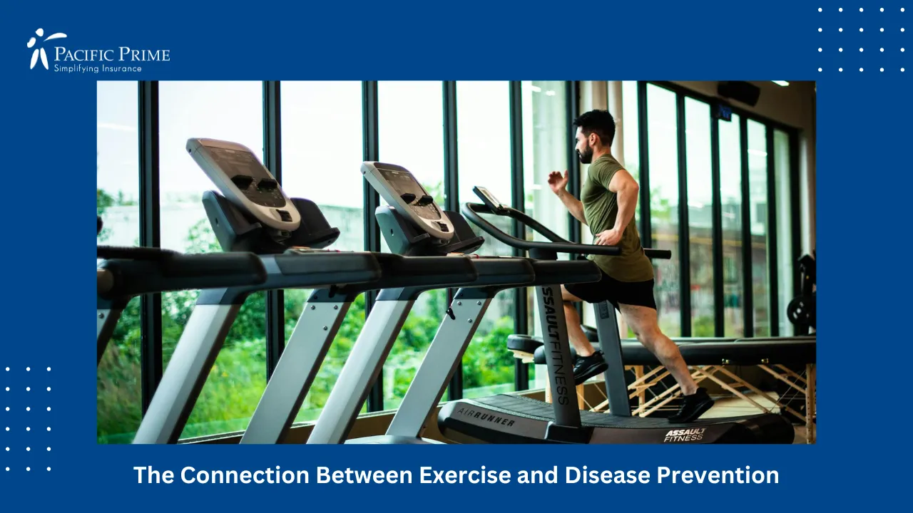 Image of Man Running On Treadmill In Bright, Modern Gym With Large Windows with text overlay of "The Connection Between Exercise and Disease Prevention"