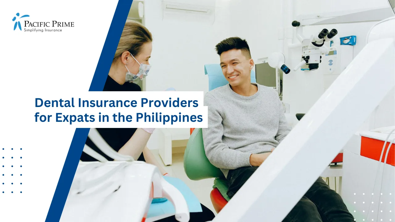 Image of Man Sitting In Dental Chair During Check-up with text overlay of "Dental Insurance Providers for Expats in the Philippines"