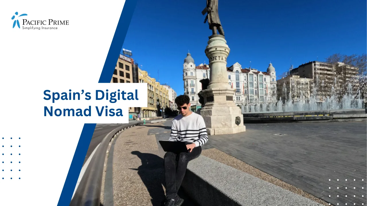 Image of Man Sitting On A Ledge Working On A Laptop In Valladolid Spain with text overlay of "Spain’s Digital Nomad Visa"
