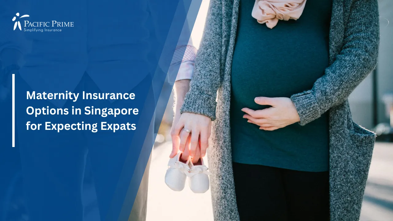 Image of Man Standing With Pregnant Partner While Holding Baby Shoes Outdoors with text overlay of "Maternity Insurance Options in Singapore for Expecting Expats"