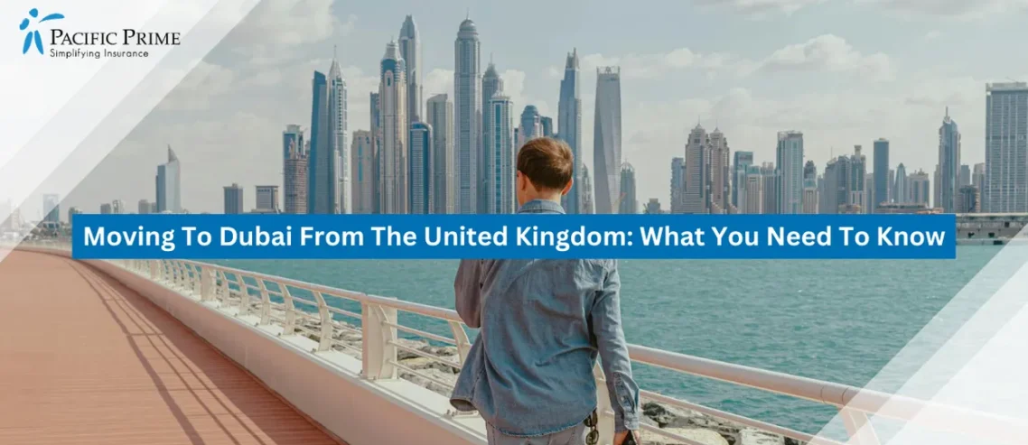 Image of MAN Strolling Along Dubai Marina Waterfront With Modern Skyscrapers Backdrop with text overlay of "Moving To Dubai From The United Kingdom: What You Need To Know"
