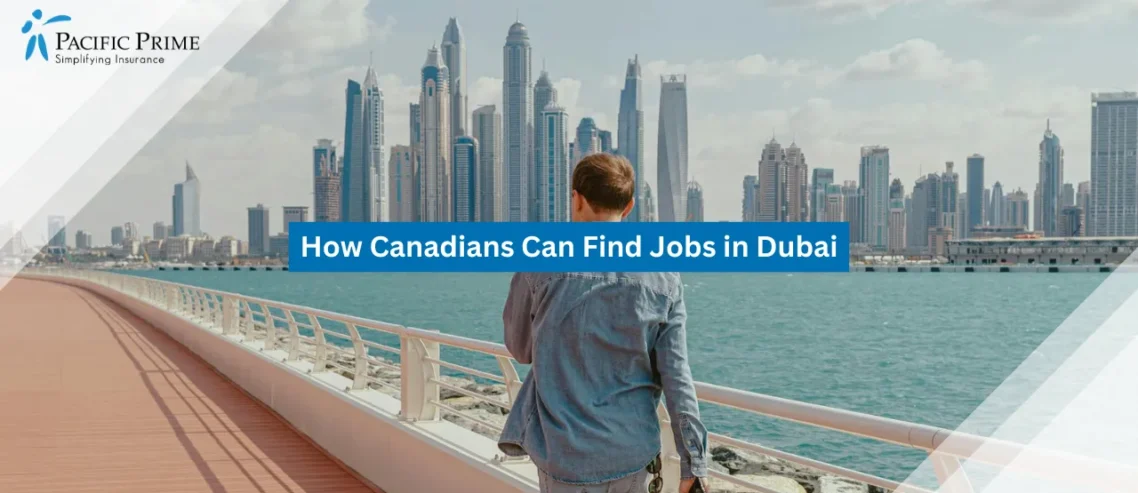 Image of Man Walking Along The Dubai Marina Waterfront Promenade with text overlay of "How Canadians Can Find Jobs in Dubai"