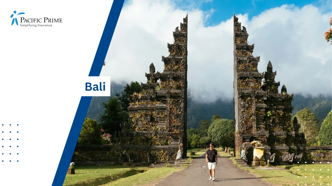 Image of Man Walking In Front Of Bali Handara Gate Under Cloudy Skies with text overlay of "Bali"