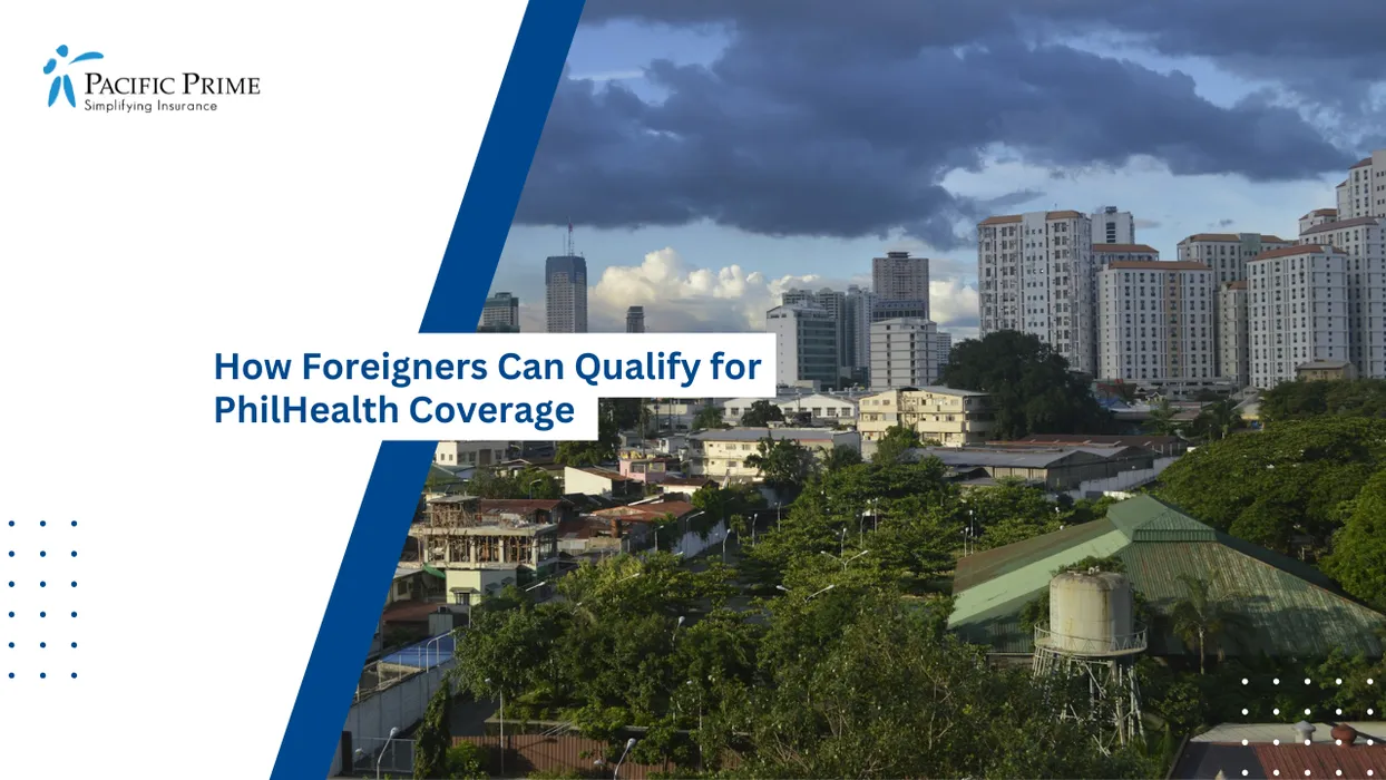 Image of Mandaluyong Skyline With High-rise Buildings Under Cloudy Skies In Metro Manila with text overlay of "How Foreigners Can Qualify for PhilHealth Coverage"
