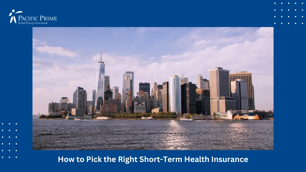 Image of Manhattan Skyline Over Hudson River In New York City with text overlay of "How to Pick the Right Short-Term Health Insurance"