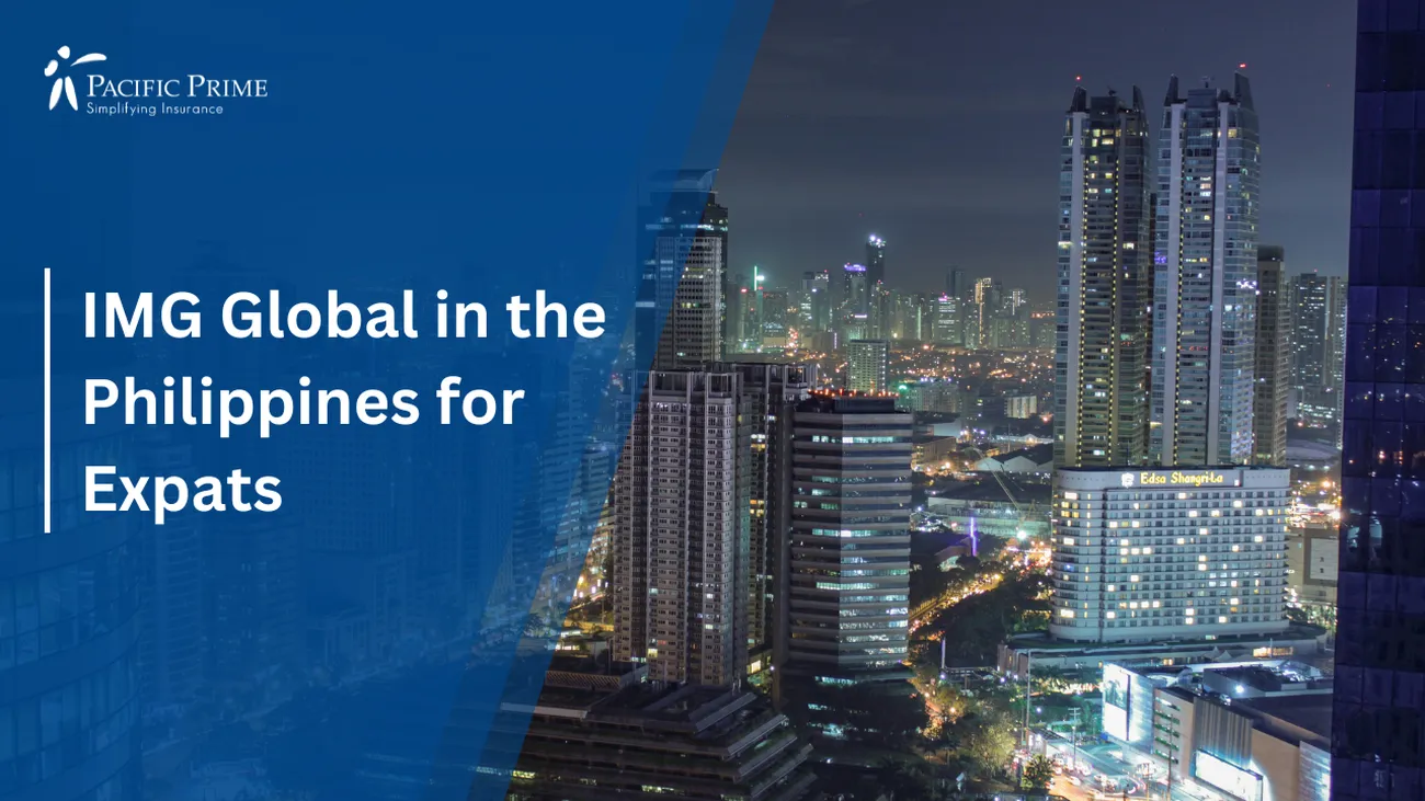 Image of Manila City Skyline, Philippines with text overlay of "IMG Global in the Philippines for Expats"
