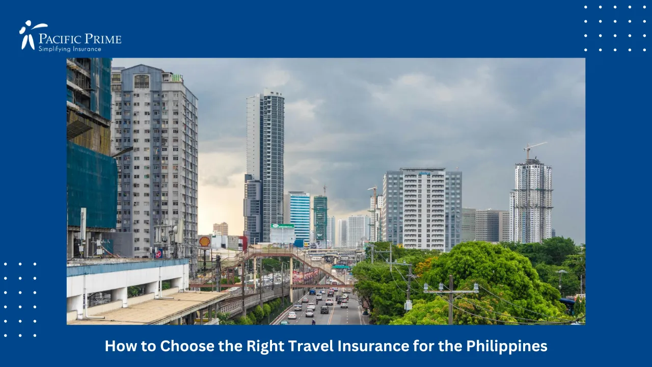 Image of Manila Cityscape With Buildings, Traffic, And Trees Under A Cloudy Sky with text overlay of "How to Choose the Right Travel Insurance for the Philippines"