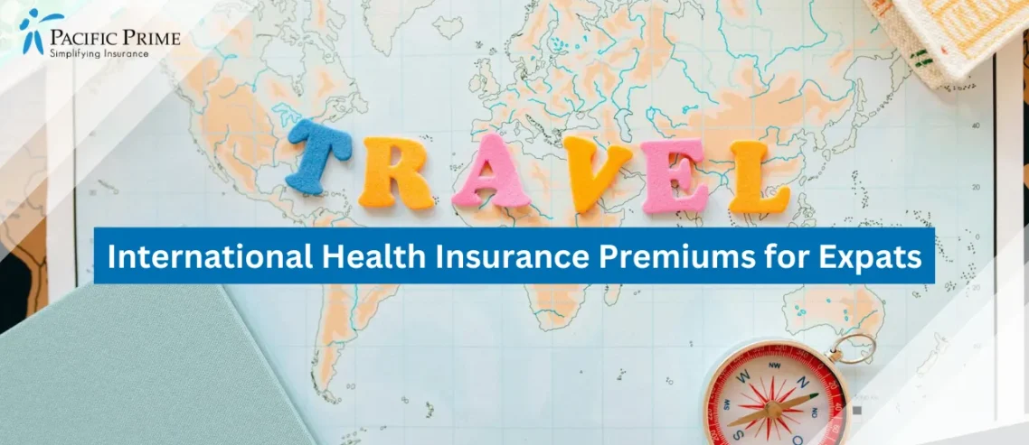 Image of Map And Compass Symbolizing Global Travel Planning with text overlay of "International Health Insurance Premiums for Expats"