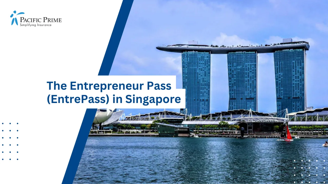 Image of Marina Bay Sands Towers Overlooking The Waterfront Skyline In Central Singapore with text overlay of "The Entrepreneur Pass (EntrePass) in Singapore"