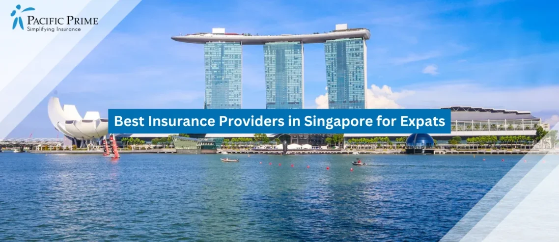 Image of Marina Bay Skyline With Waterfront And Modern Buildings In Singapore with text overlay of "Best Insurance Providers in Singapore for Expats"