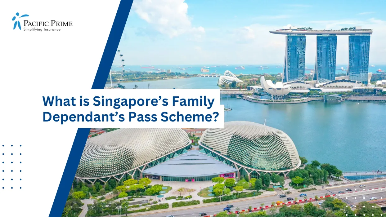 Image of Marina Bay Waterfront With Marina Bay Sands Towers Dominating Singapore Skyline with text overlay of "What is Singapore&rsquo;s Family Dependant&rsquo;s Pass Scheme?"