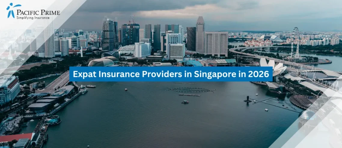 Image of Marina Skyline Across Calm Waterfront With Modern Towers In Financial District with text overlay of "Expat Insurance Providers in Singapore in 2026"