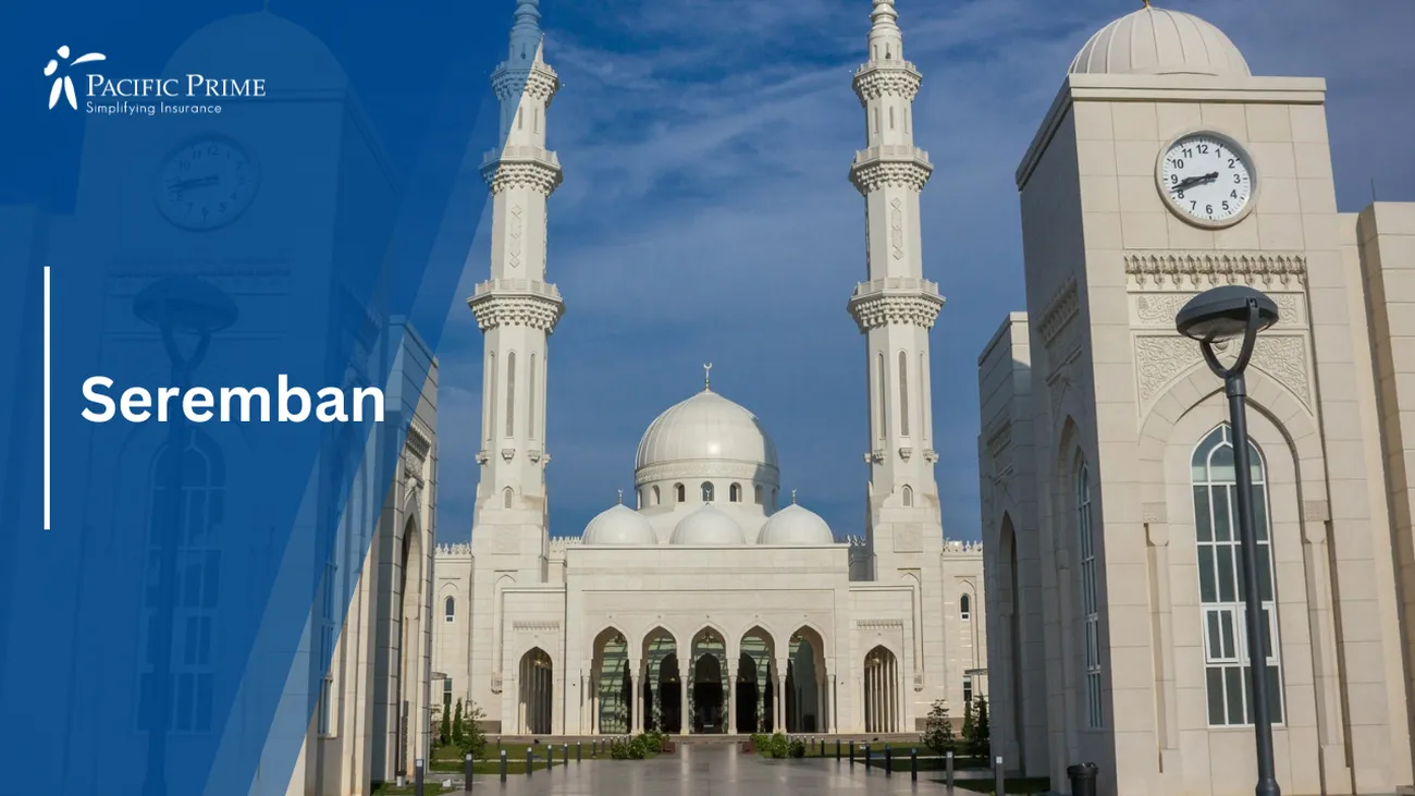 Image of Masjid Sri Sendayan In Seremban With Twin Clock Towers In Daylight with text overlay of "Seremban"
