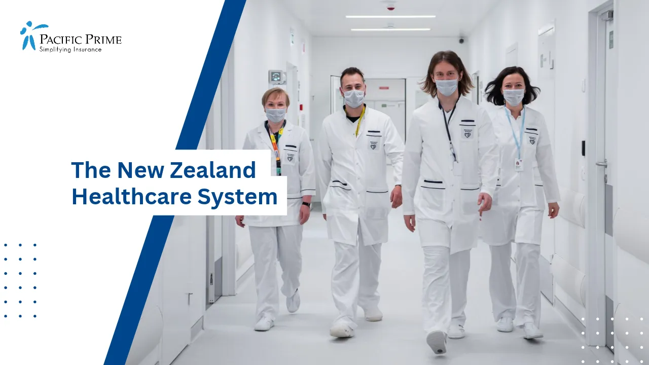 Image of Masked Clinicians Walk Side By Side Through A Hospital Corridor with text overlay of "The New Zealand Healthcare System"